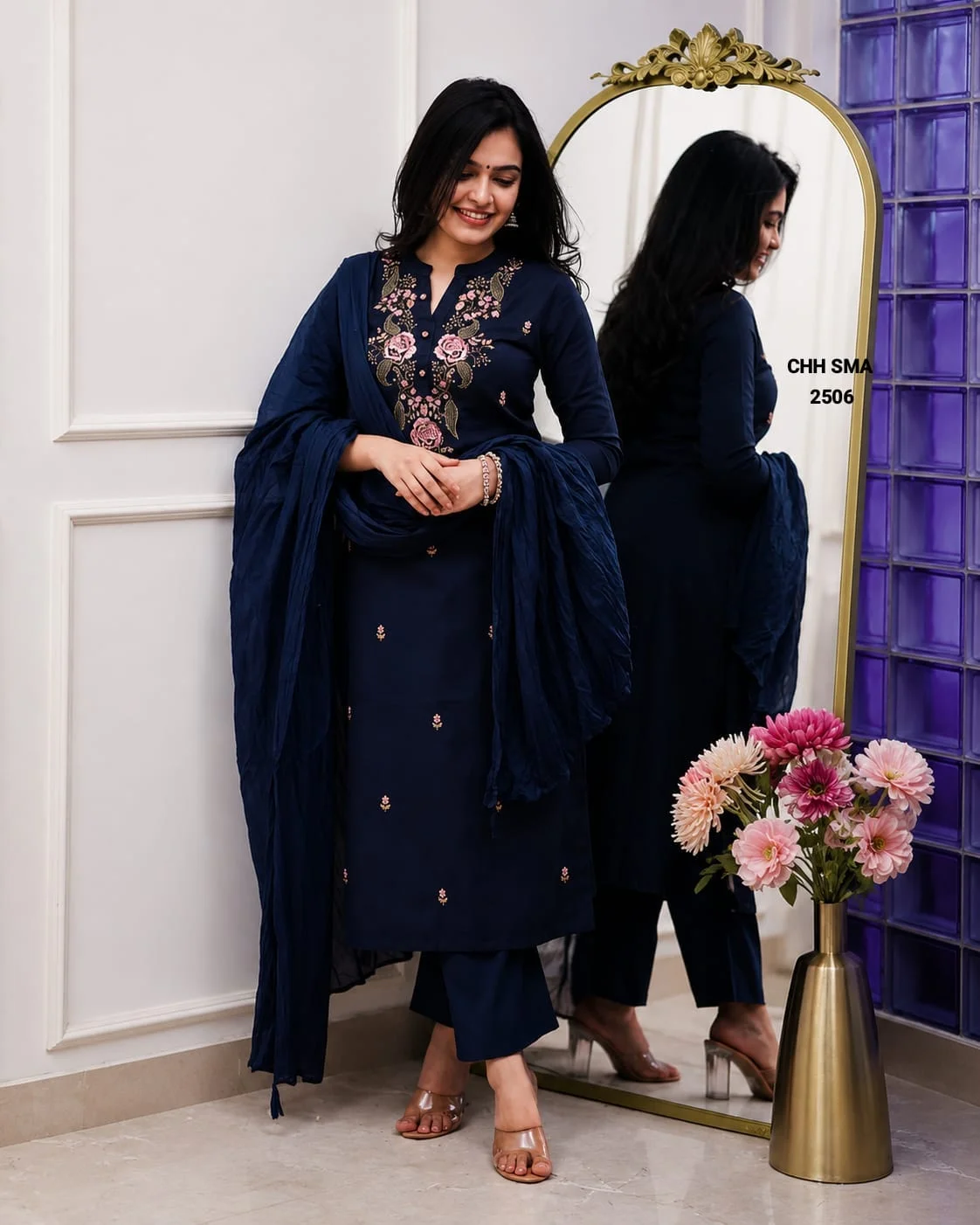 Floral Embroidered Straight Kurta, Pant, and Dupatta Set.